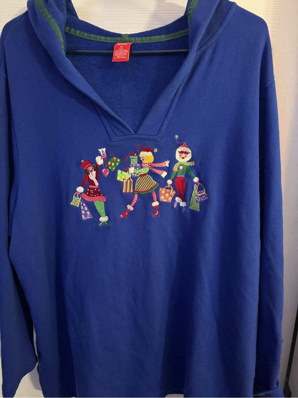Blue Merry and Bright Woman Holiday Embroidered Hooded Sweatshirt- 2X